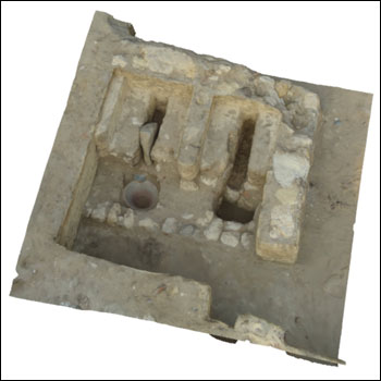 This pedestal, found tucked in a closet in the courtyard of the AA-S house, is the best preserved example we have found to date. 3D image created by Kirk Roberts